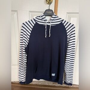 Orvis Navy Hoodie with White Striped Sleeves